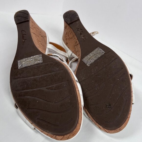 Clarks Bendables White Leather Sandals Wedge Cork Heel Open Toe Womens 9 - Picture 8 of 12